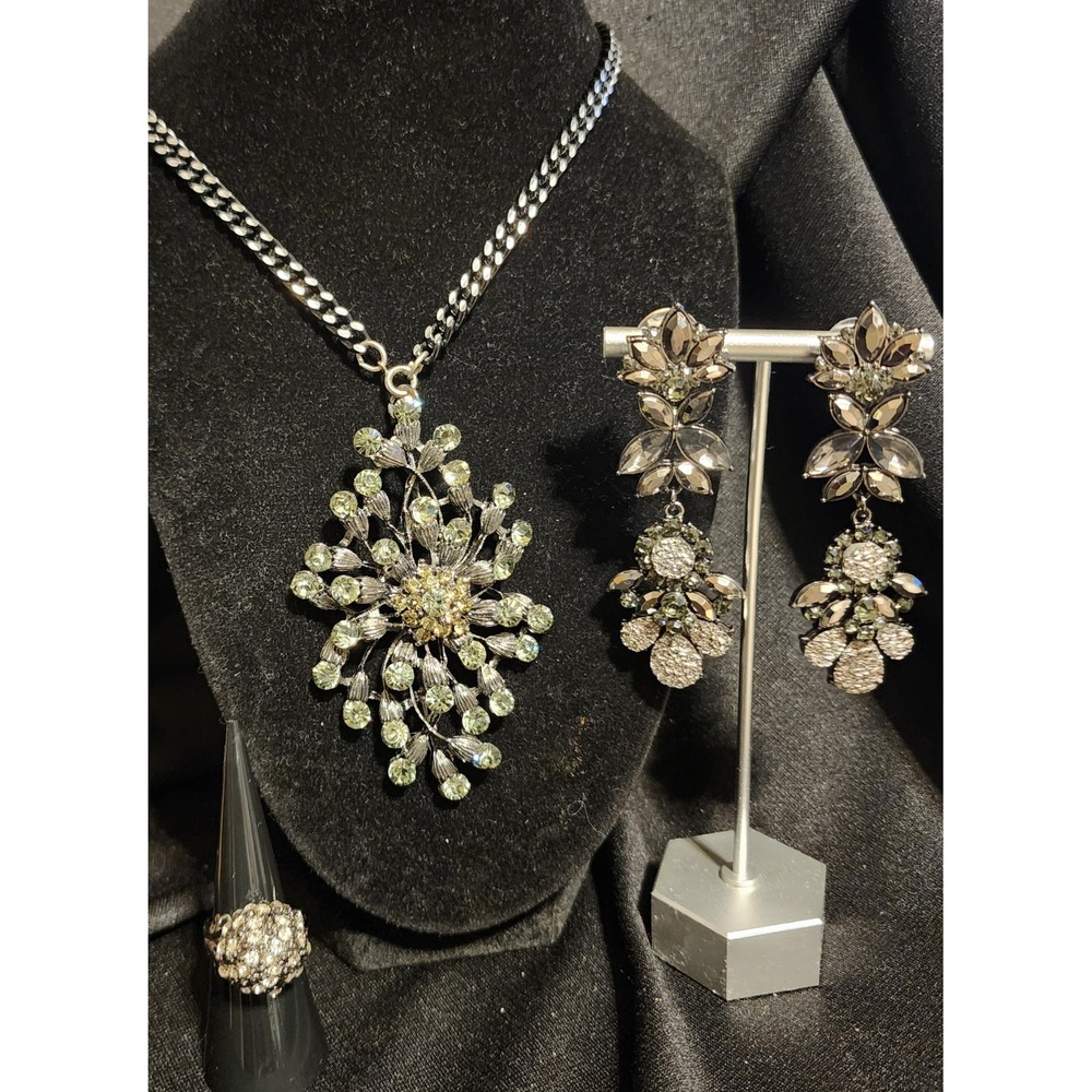 Gunmetal Sage Green Rhinestone Statement Necklace Earrings Ring Jewelry Set